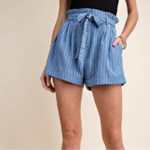 NWT Blue and White Striped High Waist Paper Bag Women's Shorts, Medium & Large